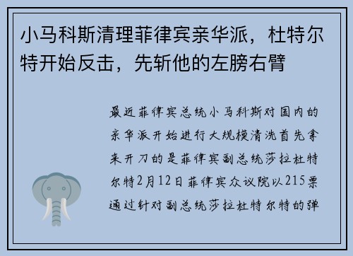 小马科斯清理菲律宾亲华派，杜特尔特开始反击，先斩他的左膀右臂