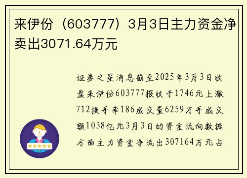 来伊份（603777）3月3日主力资金净卖出3071.64万元