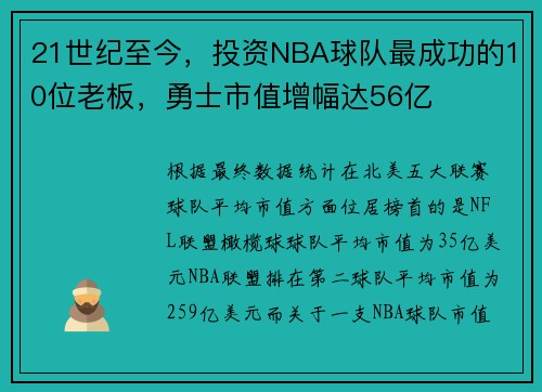 21世纪至今，投资NBA球队最成功的10位老板，勇士市值增幅达56亿