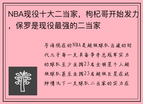 NBA现役十大二当家，枸杞哥开始发力，保罗是现役最强的二当家