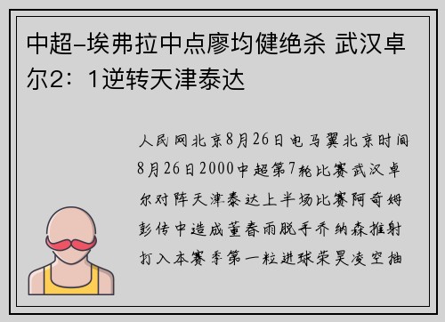中超-埃弗拉中点廖均健绝杀 武汉卓尔2：1逆转天津泰达