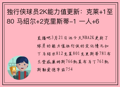 独行侠球员2K能力值更新：克莱+1至80 马绍尔+2克里斯蒂-1 一人+6